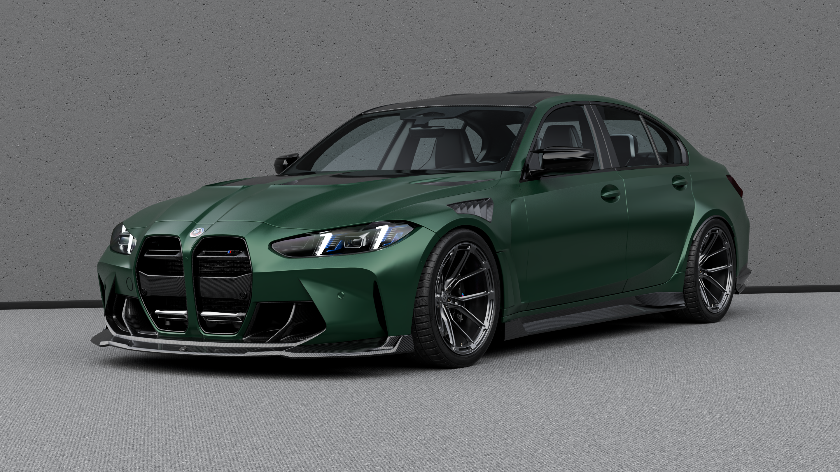 Dark BMW G80 M3 in full profile, fitted with a full carbon fibre kit