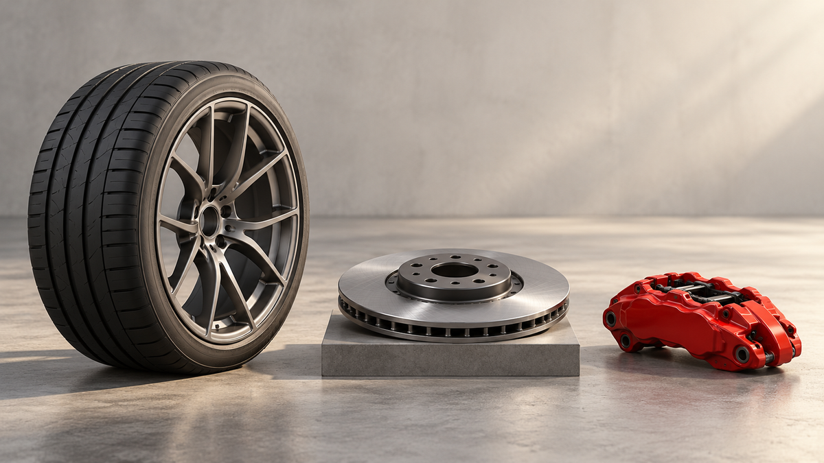 Wheel and tire, ventilated brake rotor and fixed caliper displayed as separate unsprung components
