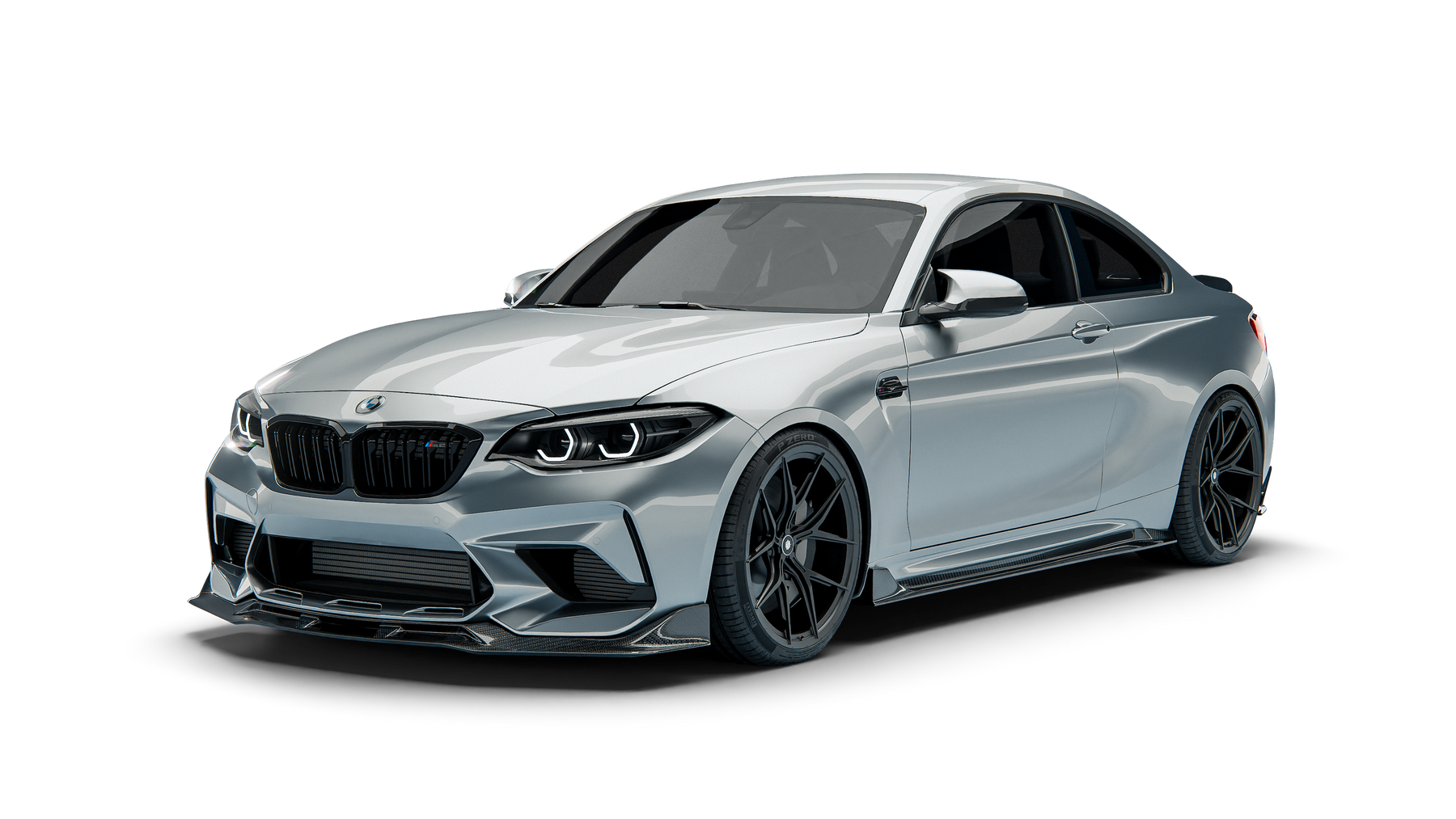 BMW M2 Competition F87 RevoZport Street Program front view with carbon front lip and bumper inserts