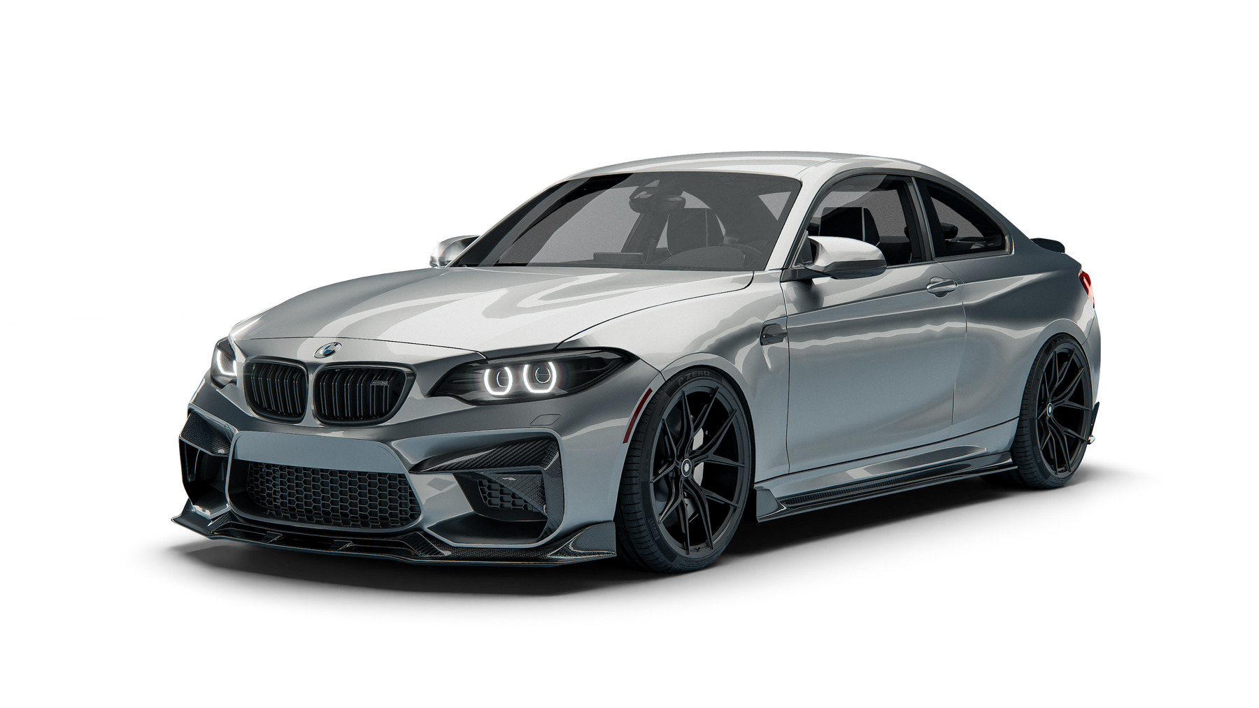 BMW M2 F87 N55 RevoZport Street Program front view with carbon front lip and bumper inserts