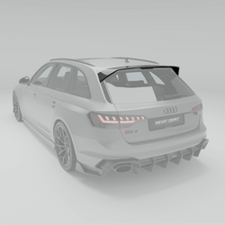 The Audi RS4's carbon-fiber roof spoiler features a partially raised, high-gloss section