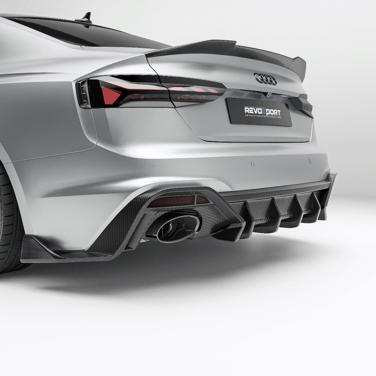 Audi car with a carbon fiber rear diffuser on a white background