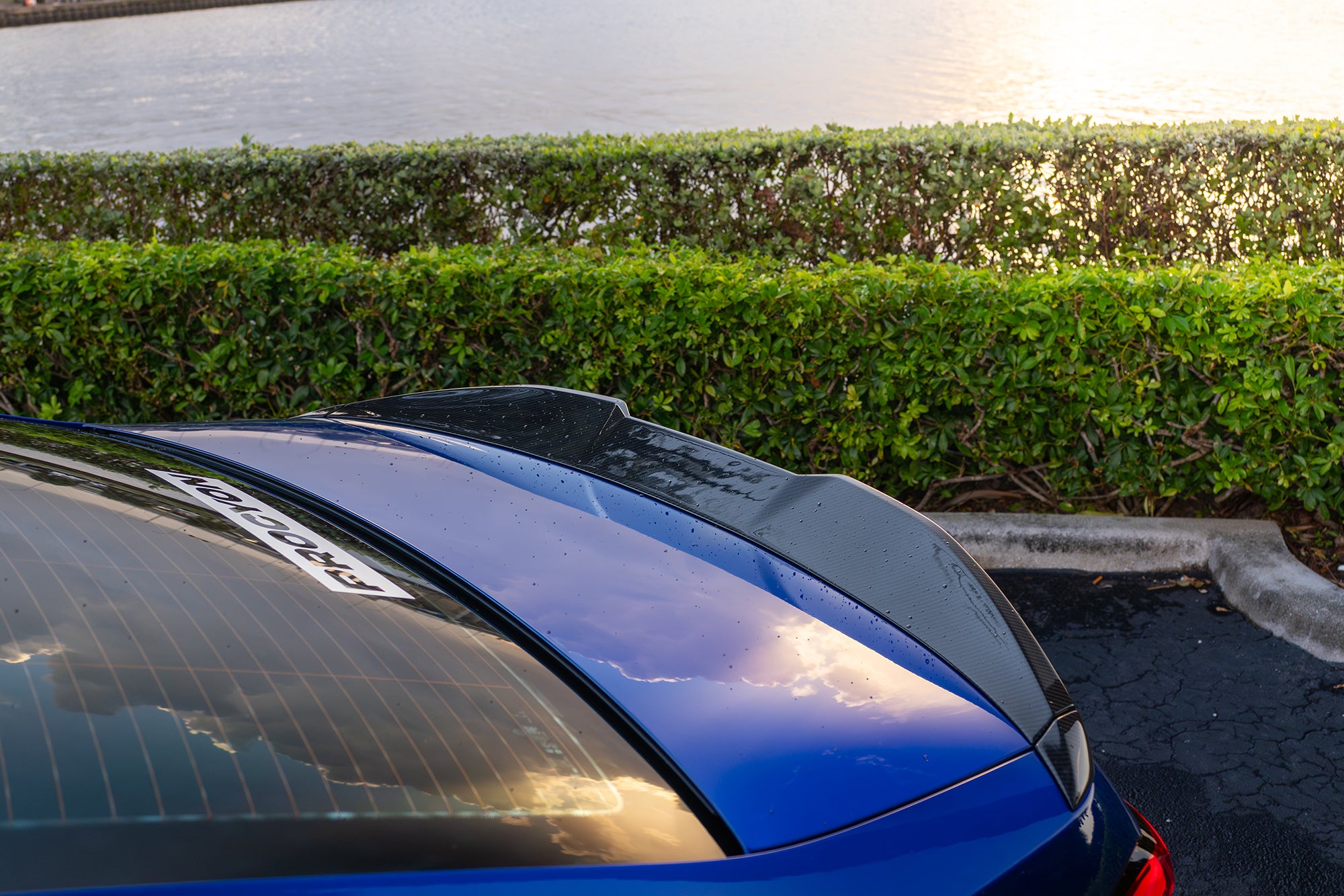Blue BMW G90 M5 featuring a REVOZPORT carbon fiber front lip, side skirts, aggressive aero styling, and silver forged wheels parked on a wet road with palm trees at sunset.