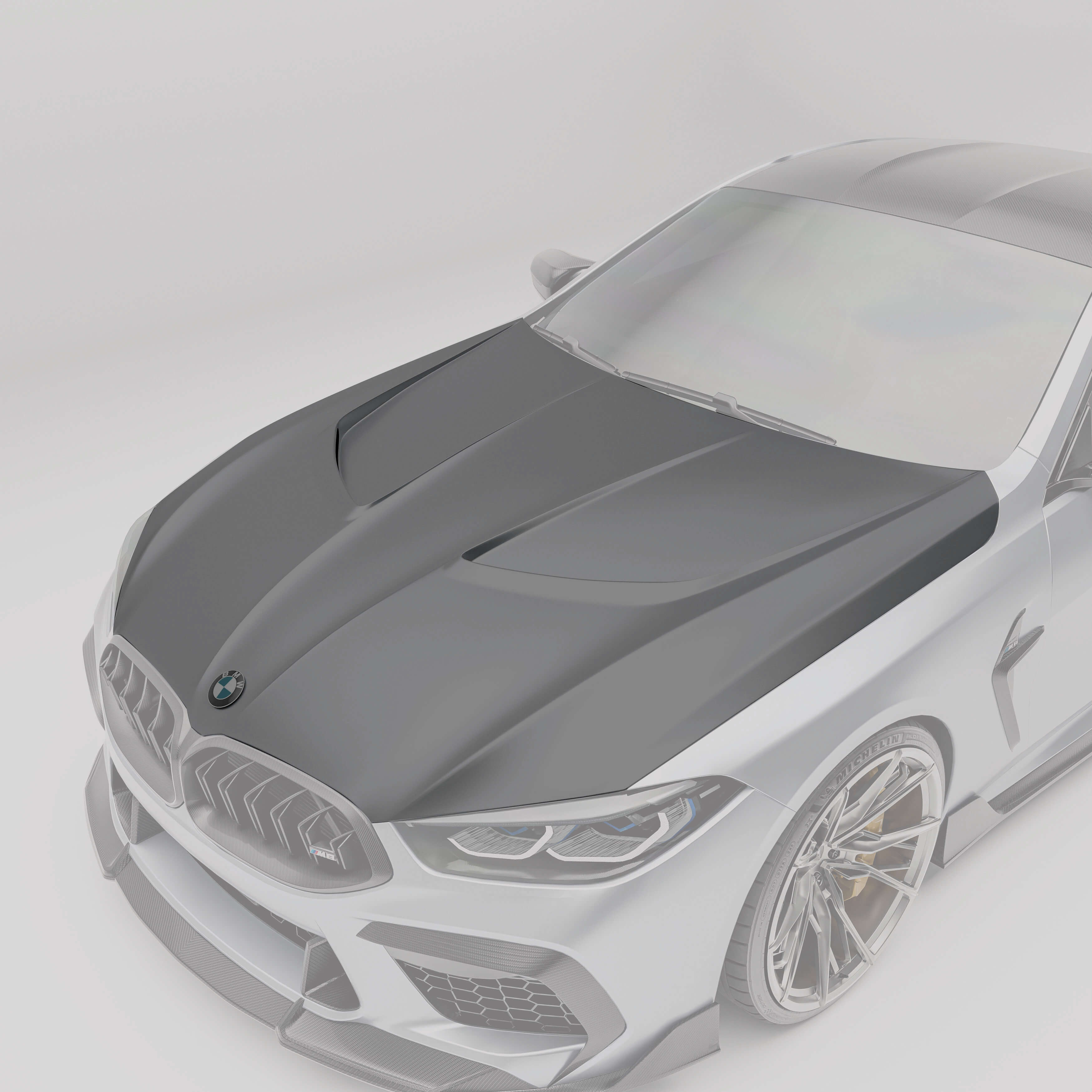BMW F92 M8 coupe carbon fiber hood close-up with protruding sections