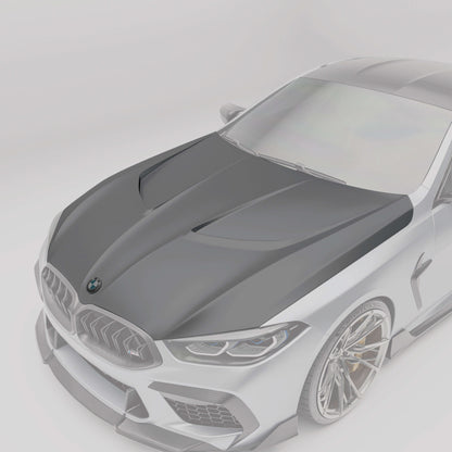 BMW F92 M8 coupe carbon fiber hood close-up with protruding sections