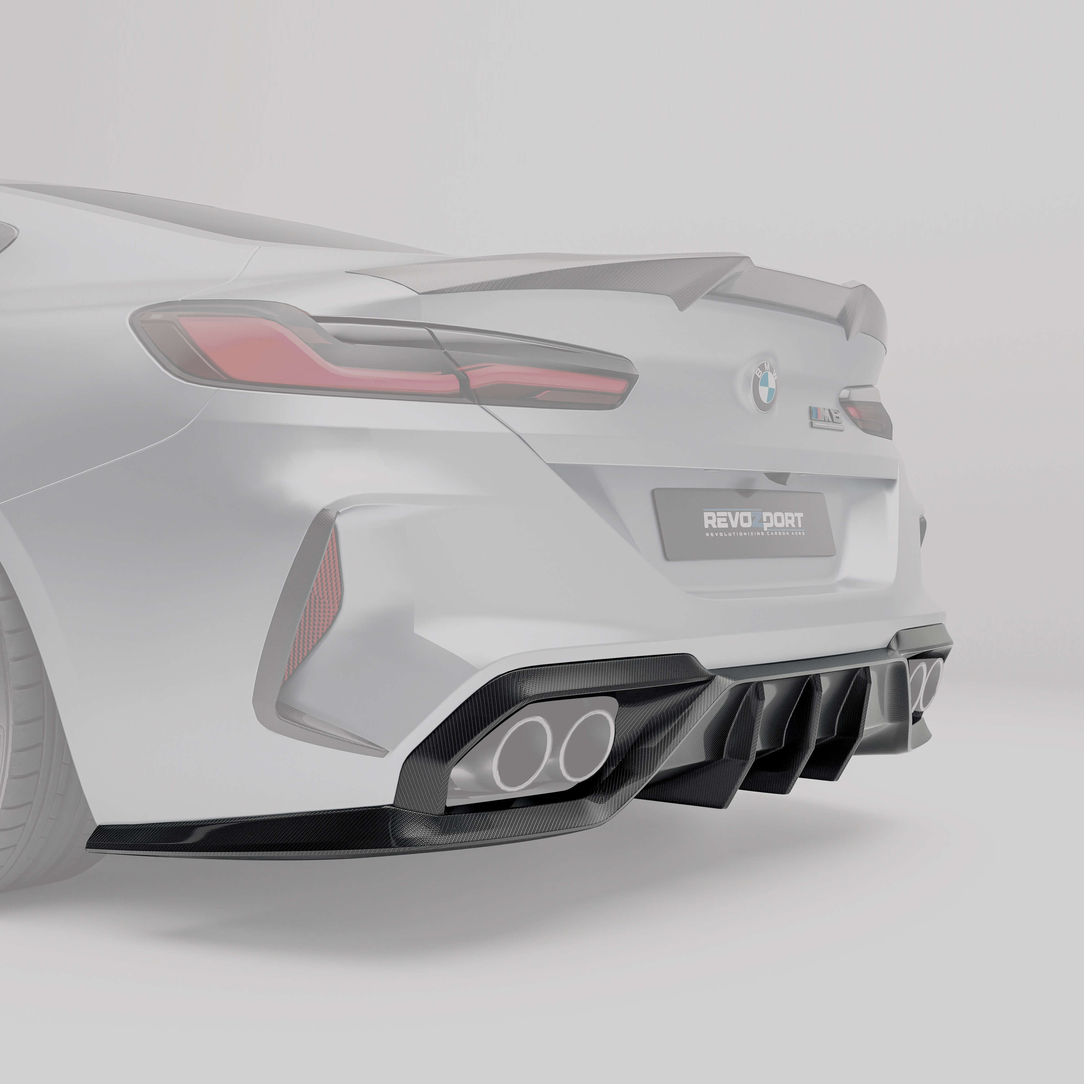 BMW F92 M8 coupe carbon fiber rear diffuser close-up with protruding sections