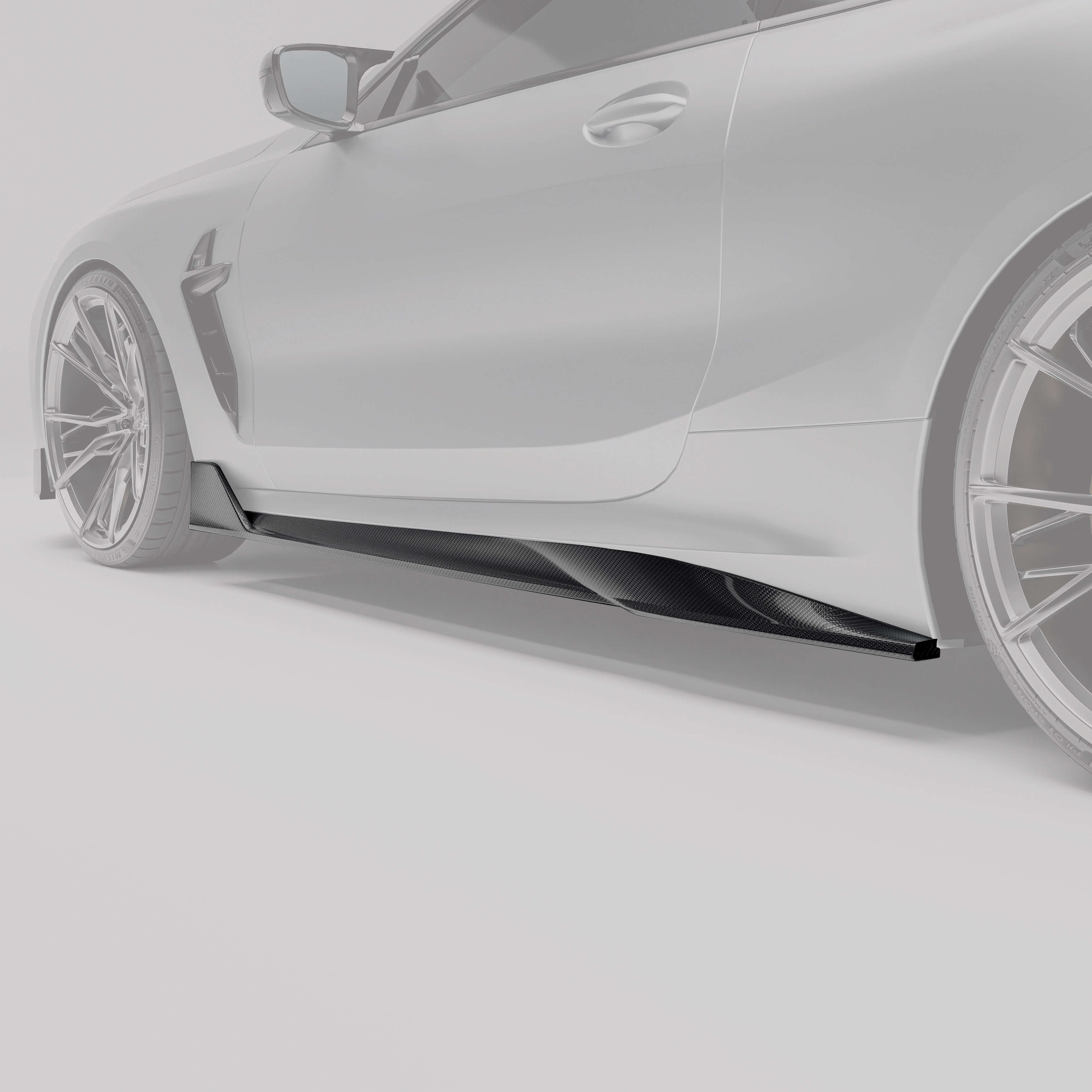 BMW F92 M8 coupe carbon fiber side skirts close-up with protruding sections
