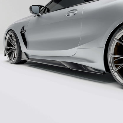 BMW M8 F92  with a carbon fiber side skirts close-up on a white background