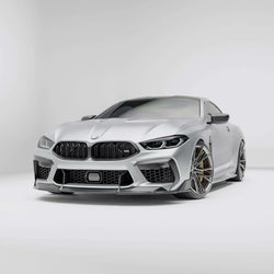 BMW M8 F92  with a carbon fiber front lip on a white background