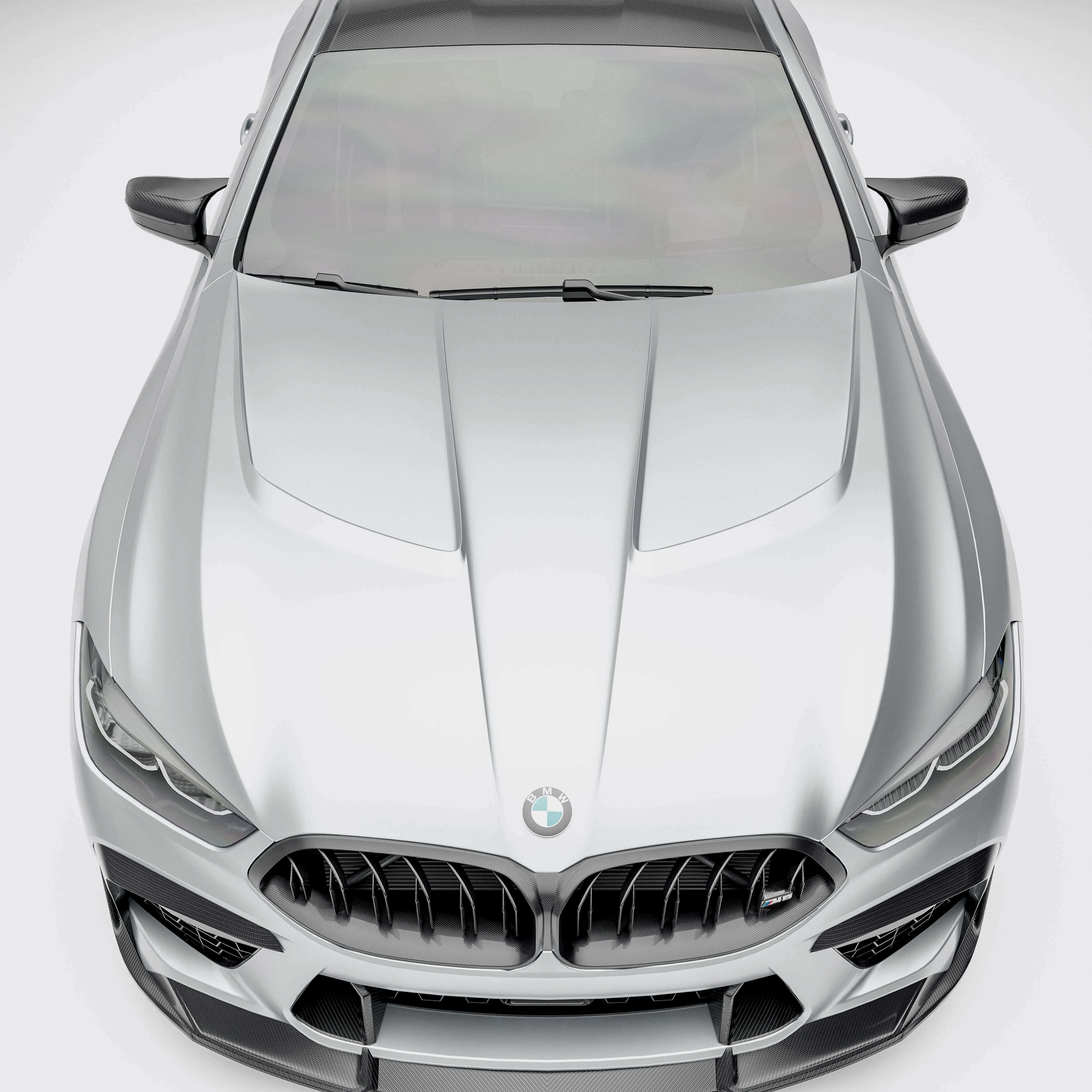 BMW M8 F92  with a carbon fiber hood close-up on a white background