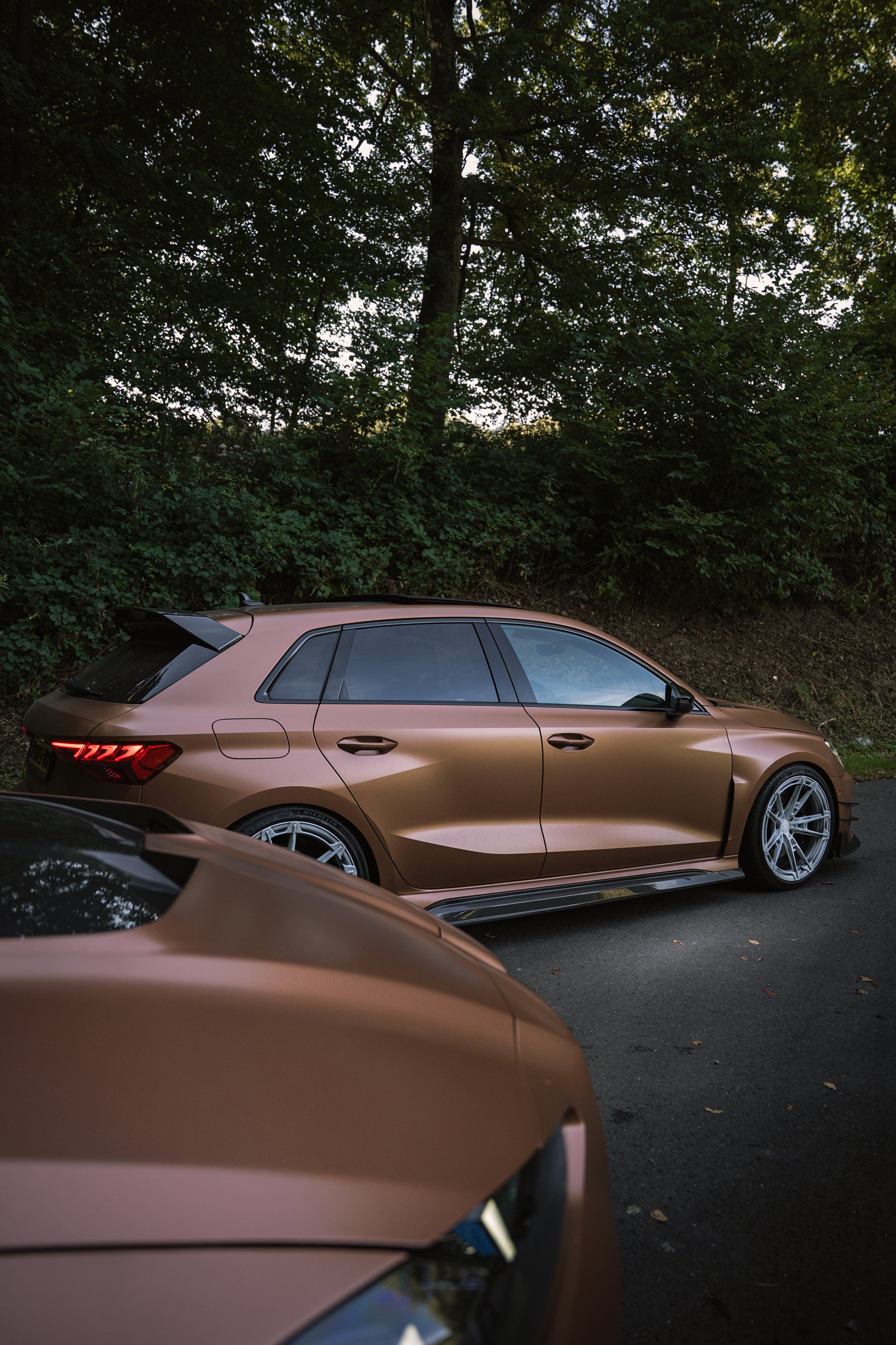 Bronze Audi RS3 featuring a REVOZPORT carbon fiber body kit with aggressive front lip, honeycomb grille, vented hood, and wide aero styling, parked beside a bronze BMW G82 M4 on a forest road.