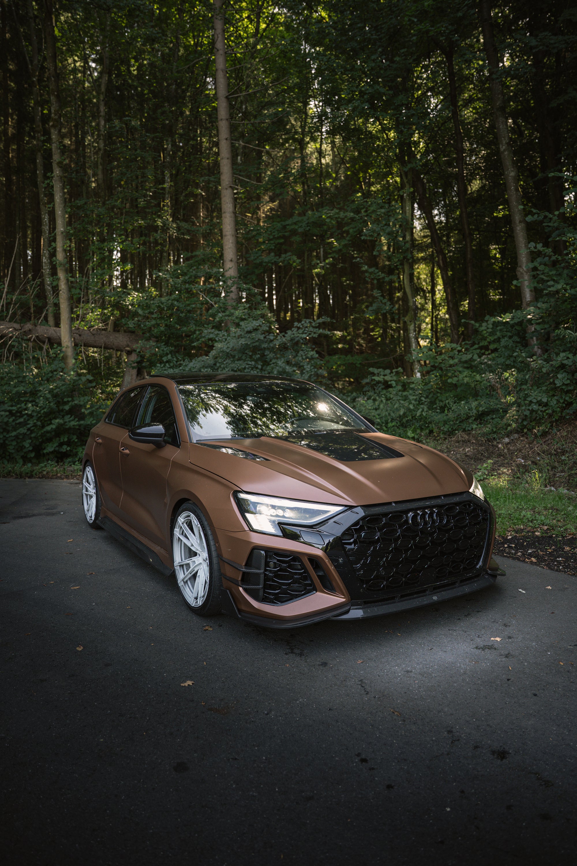 Bronze Audi RS3 featuring a REVOZPORT carbon fiber body kit with aggressive front lip, honeycomb grille, vented hood, and wide aero styling, parked beside a bronze BMW G82 M4 on a forest road.