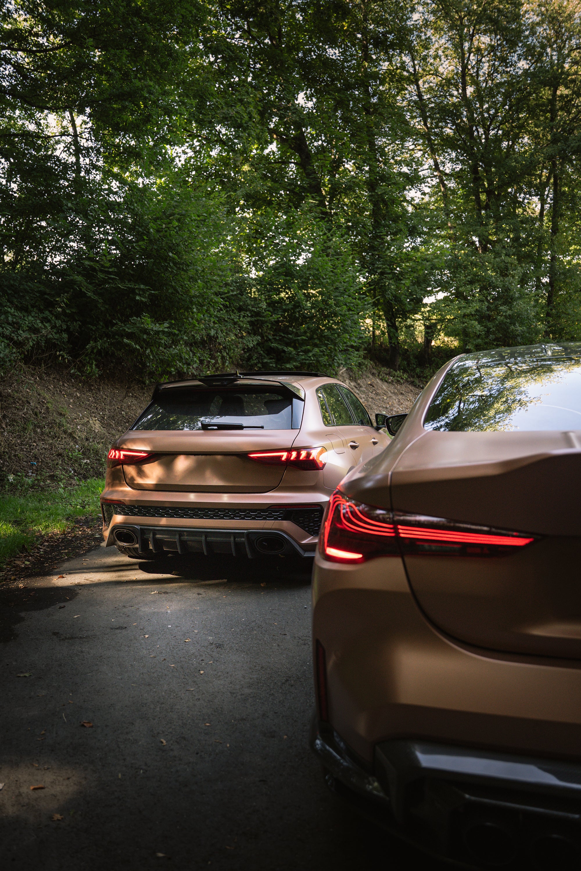 Bronze Audi RS3 featuring a REVOZPORT carbon fiber body kit with aggressive front lip, honeycomb grille, vented hood, and wide aero styling, parked beside a bronze BMW G82 M4 on a forest road.