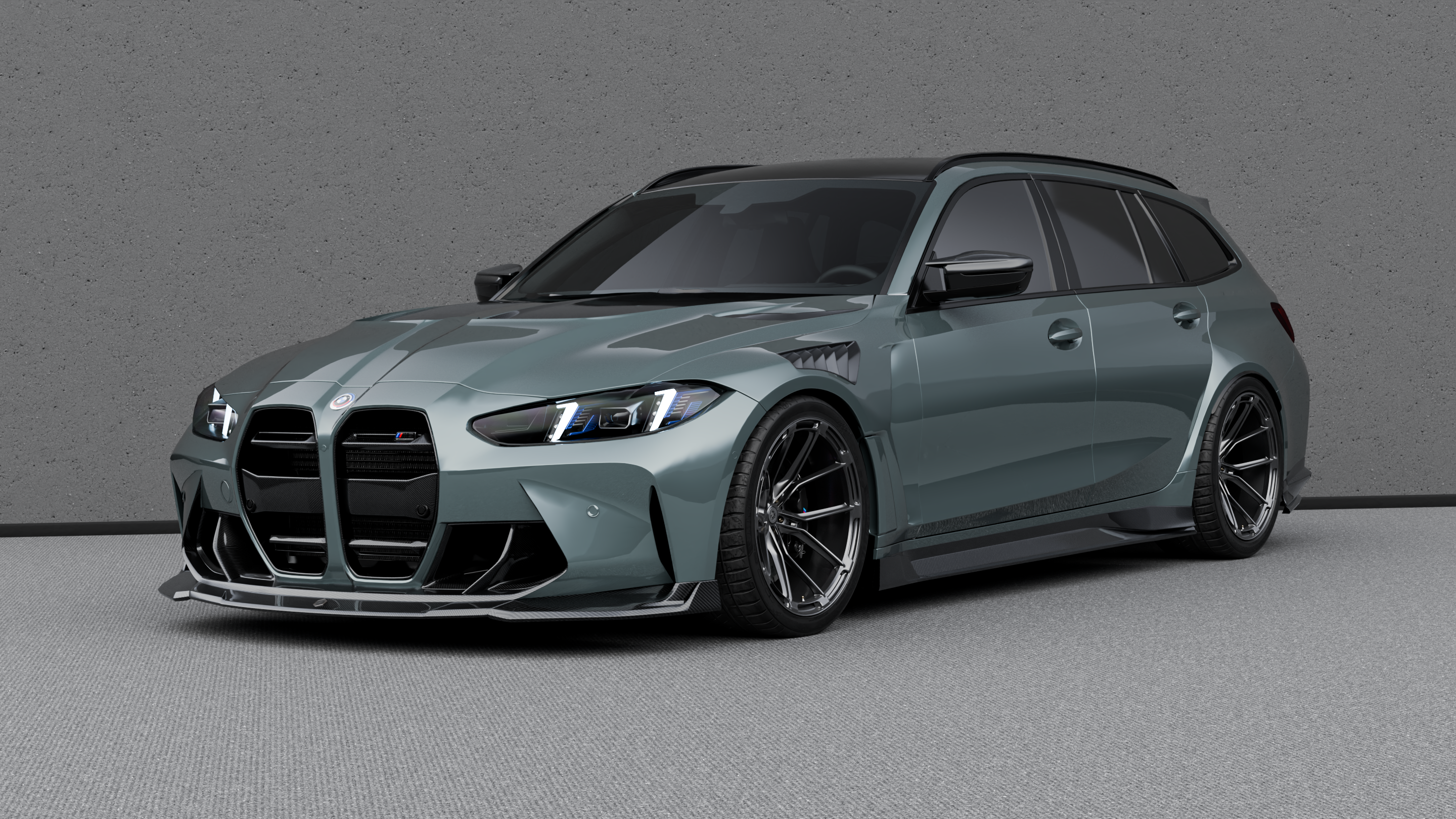 Dark BMW G81 M3 in full profile, fitted with a full carbon fibre kit