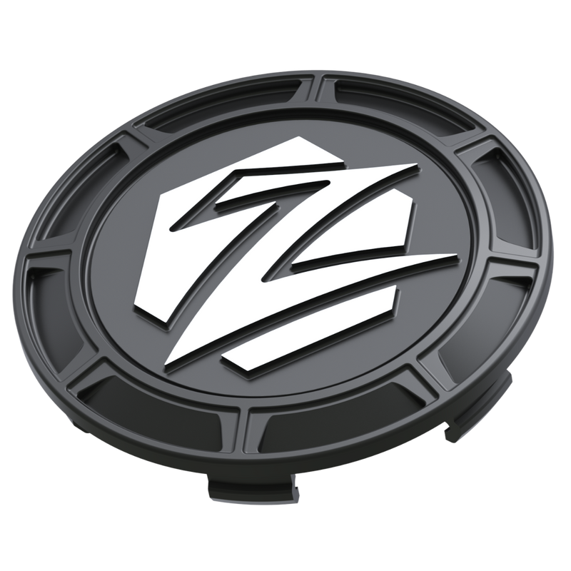 Black wheel covers on a white background