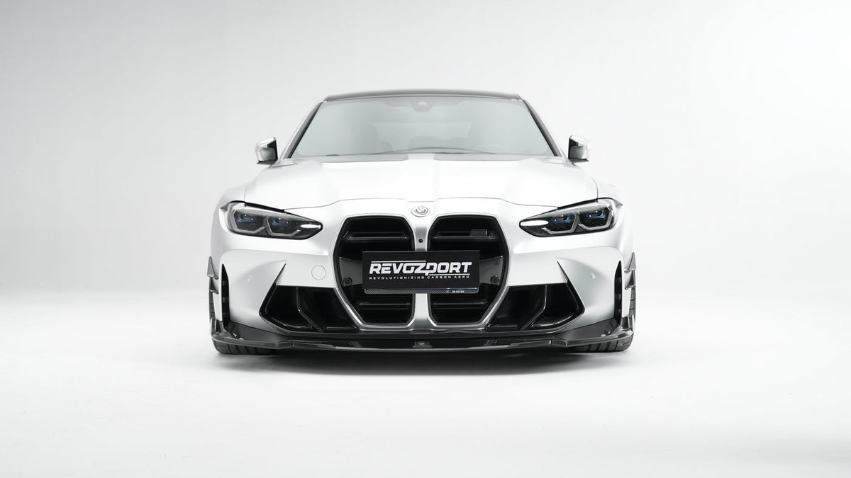 BMW M3 G80 Street Program silver front view with RevoZport front grille without ACC front trim front vents and front lip