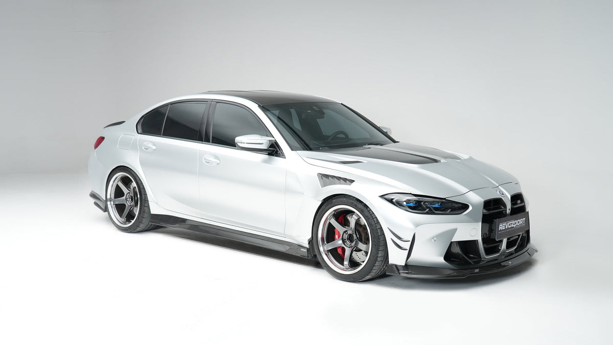 BMW M3 G80 Street Program silver front side with RevoZport hood side fenders side skirts and front lip